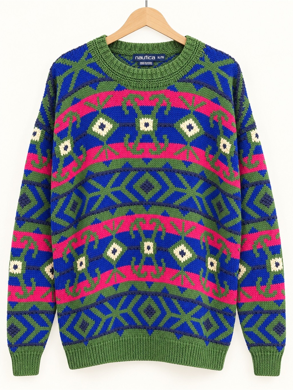 Vintage 90s Nautica Geometric Cotton Sweater Men’s XL Colorful Chunky Knit
